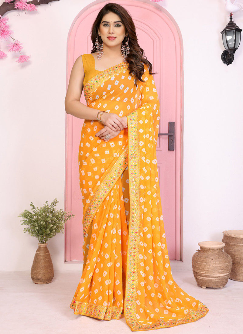 Georgette Yellow Saree with Bandhej Work for Festival Wear 381122