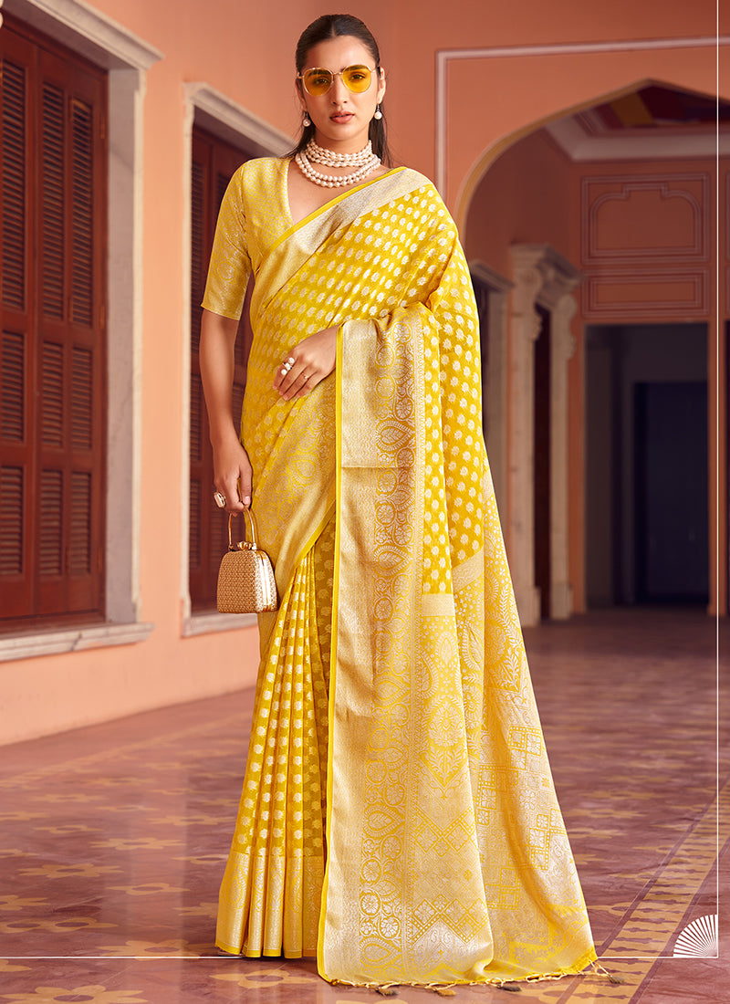 Georgette Yellow Saree with Printed Work for Festival Wear 379798