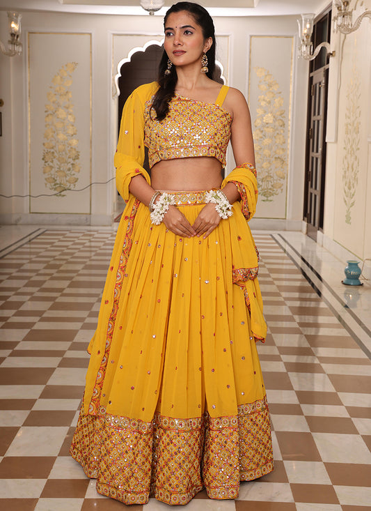 Georgette Yellow Ocassional Wear Embroidery Work Lehenga Choli 386074