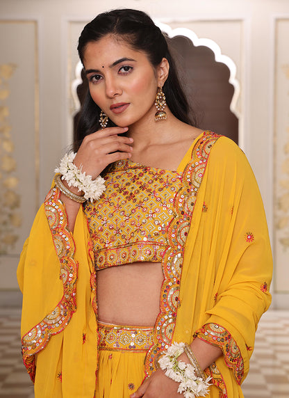 Georgette Yellow Ocassional Wear Embroidery Work Lehenga Choli 386074