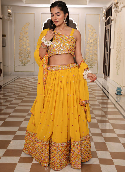 Georgette Yellow Ocassional Wear Embroidery Work Lehenga Choli 386074