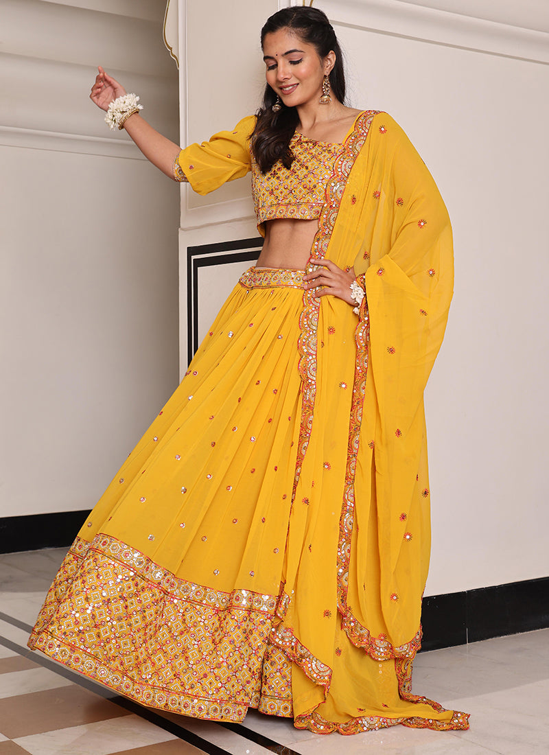 Georgette Yellow Ocassional Wear Embroidery Work Lehenga Choli 386074