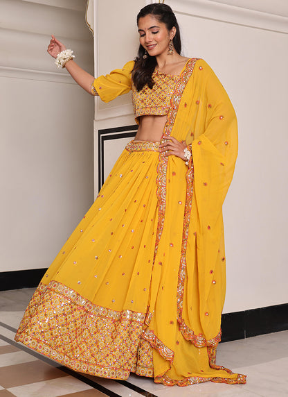 Georgette Yellow Ocassional Wear Embroidery Work Lehenga Choli 386074
