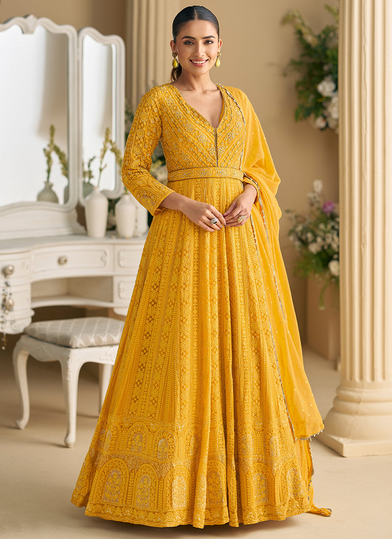 Yellow Georgette Embroidery Work Occasional Wear Readymade Anarkali Suits SW134451
