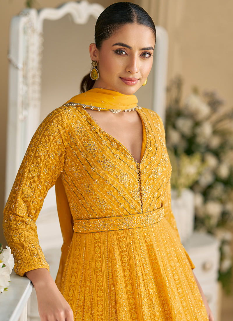 Yellow Georgette Embroidery Work Occasional Wear Readymade Anarkali Suits SW134451