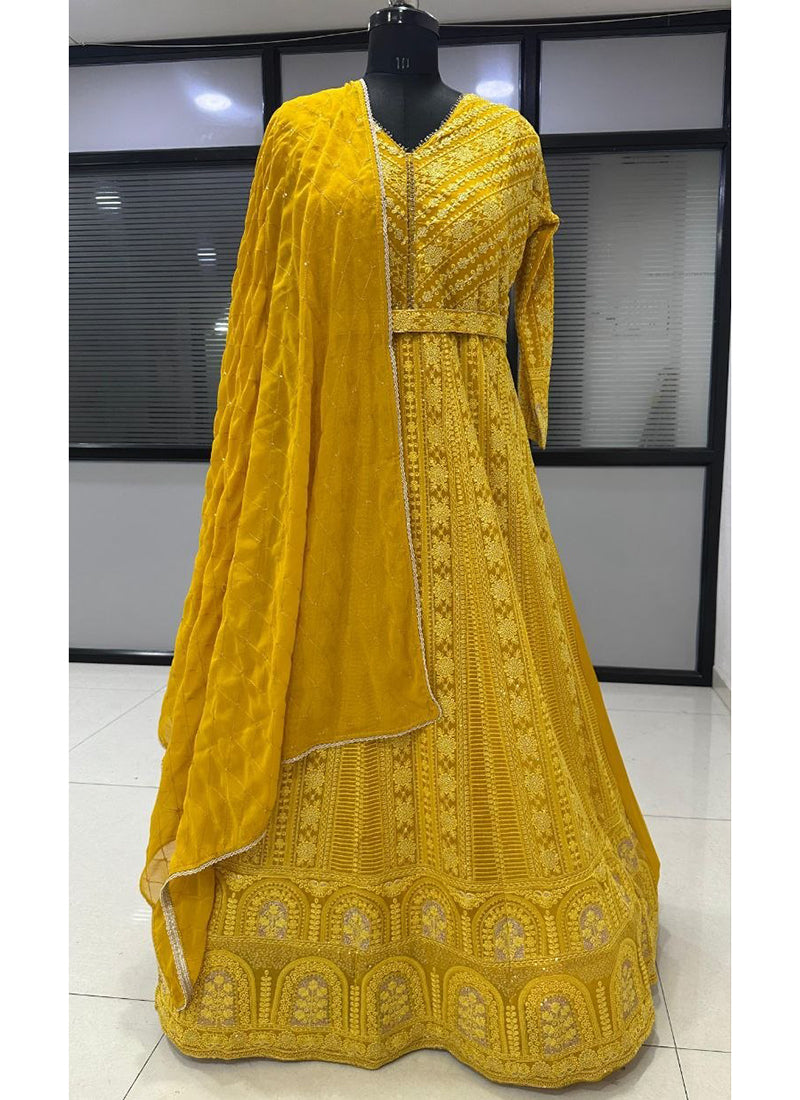 Yellow Georgette Embroidery Work Occasional Wear Readymade Anarkali Suits SW134451