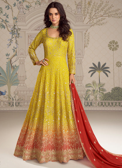Yellow Georgette Sequins Embroidery Work Party Wear Readymade Anarkali Gown SW640720