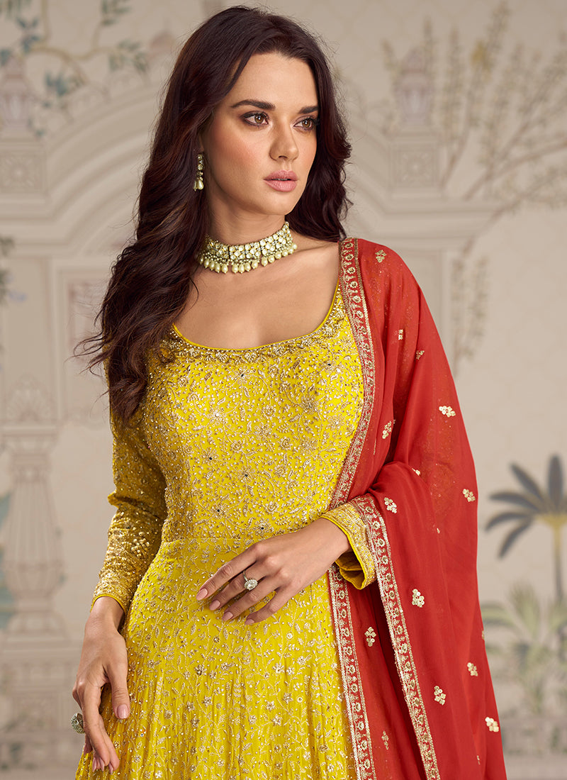 Yellow Georgette Sequins Embroidery Work Party Wear Readymade Anarkali Gown SW640720
