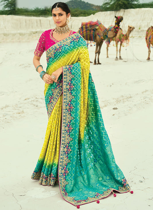 Georgette Yellow Saree with Heavy Hand Work for Wedding Wear 383306