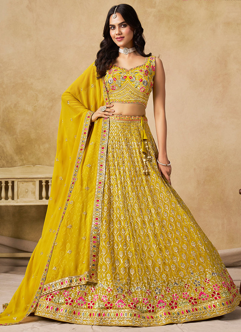 Georgette Yellow Wedding Wear Thread Embroidery Work Lehenga Choli 387520