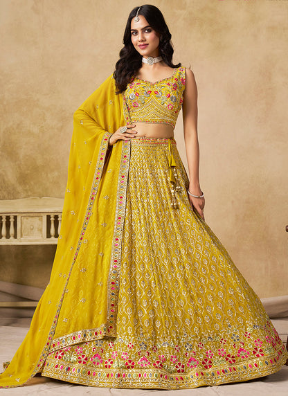 Georgette Yellow Wedding Wear Thread Embroidery Work Lehenga Choli 387520