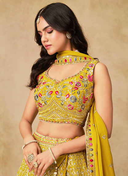 Georgette Yellow Wedding Wear Thread Embroidery Work Lehenga Choli 387520