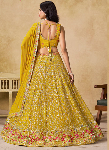Georgette Yellow Wedding Wear Thread Embroidery Work Lehenga Choli 387520