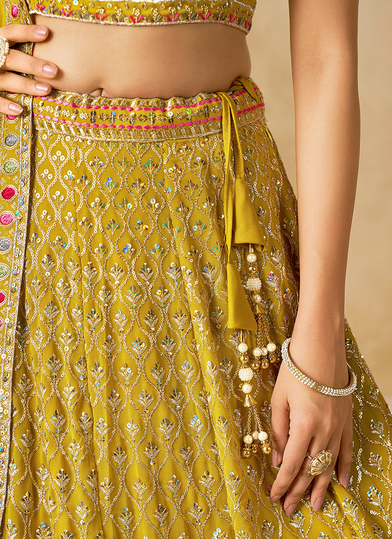 Georgette Yellow Wedding Wear Thread Embroidery Work Lehenga Choli 387520