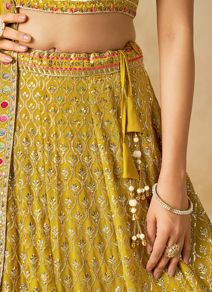 Georgette Yellow Wedding Wear Thread Embroidery Work Lehenga Choli 387520