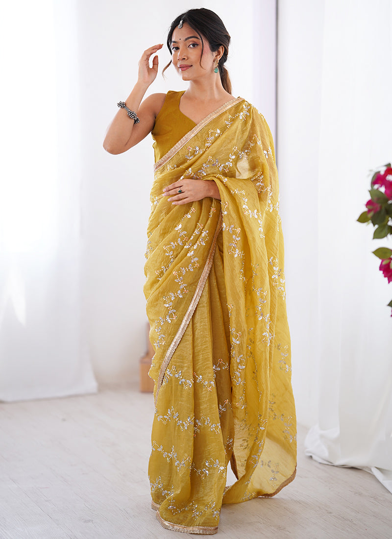 Gold Crush Yellow Designer Saree with Thread Embroidery Work 383697