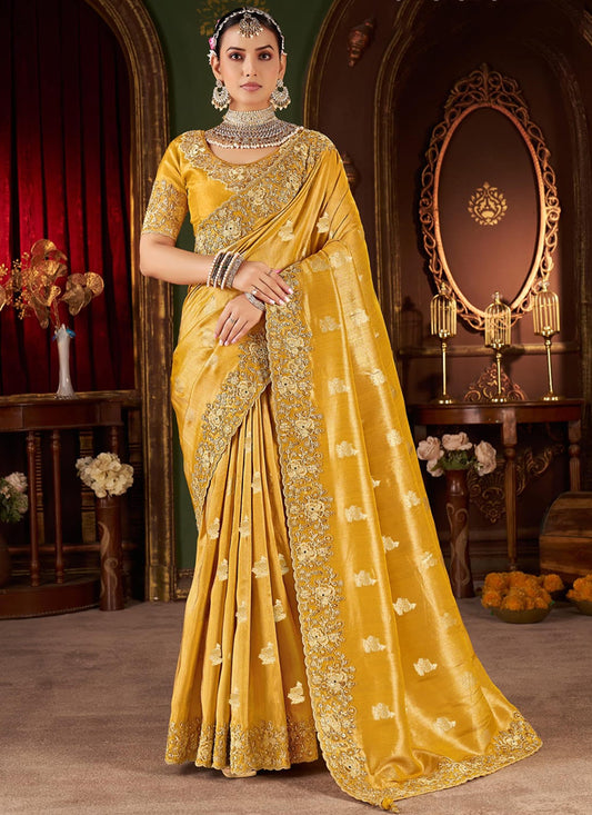 Jacquard Tissue Silk Yellow Wedding Wear Border Work Wedding Saree 387806