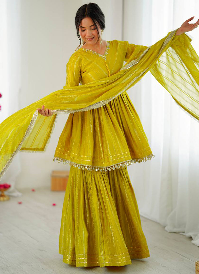 Yellow Mul Chander Mirror Work Festival Wear Readymade Sharara Suit SW435902