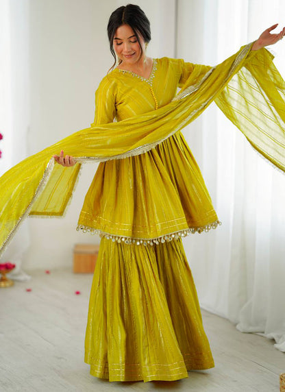 Yellow Mul Chander Mirror Work Festival Wear Readymade Sharara Suit SW435902