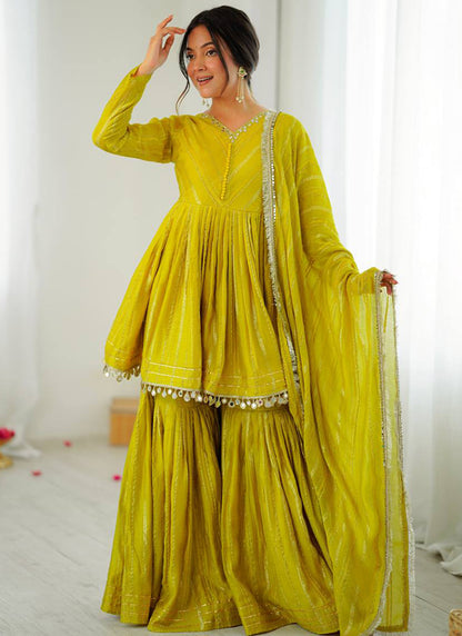 Yellow Mul Chander Mirror Work Festival Wear Readymade Sharara Suit SW435902