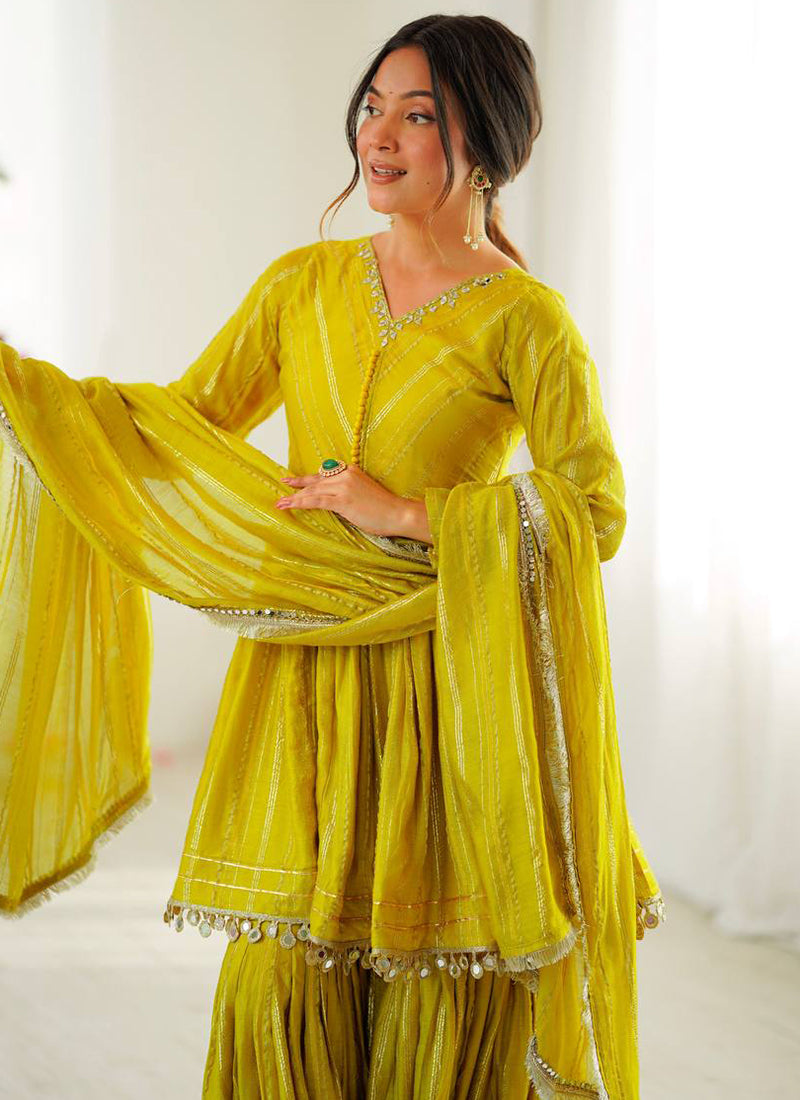 Yellow Mul Chander Mirror Work Festival Wear Readymade Sharara Suit SW435902