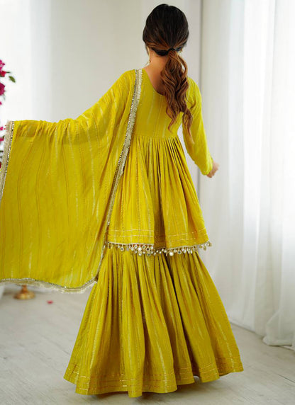 Yellow Mul Chander Mirror Work Festival Wear Readymade Sharara Suit SW435902