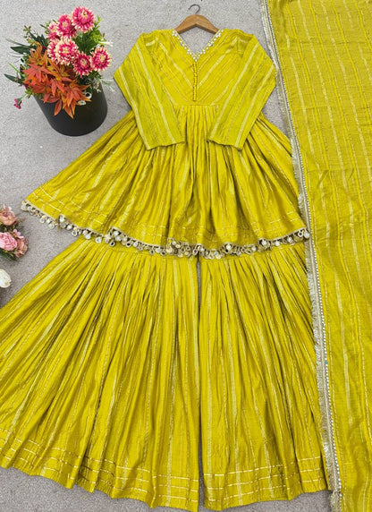 Yellow Mul Chander Mirror Work Festival Wear Readymade Sharara Suit SW435902