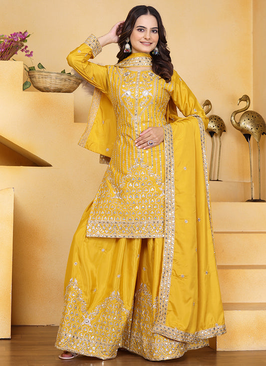 Natural Crape Yellow Festival Wear Sequin Embroidery Work Readymade Plazzo Suit 386160