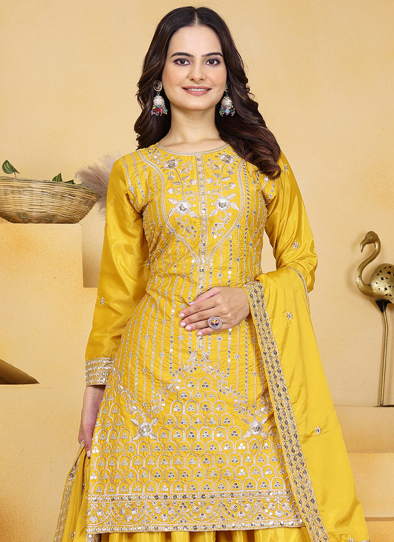 Natural Crape Yellow Festival Wear Sequin Embroidery Work Readymade Plazzo Suit 386160