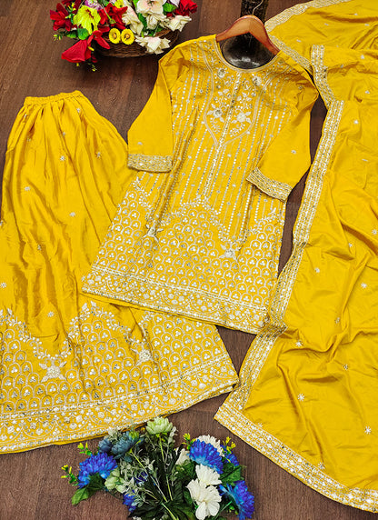 Natural Crape Yellow Festival Wear Sequin Embroidery Work Readymade Plazzo Suit 386160