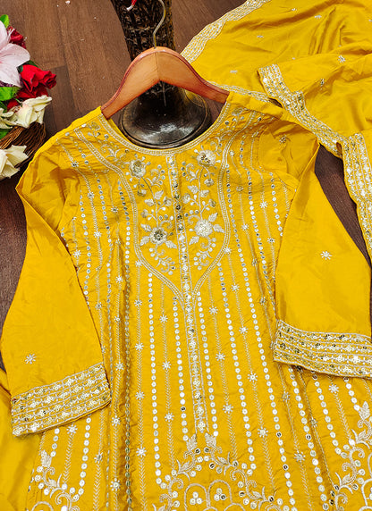 Natural Crape Yellow Festival Wear Sequin Embroidery Work Readymade Plazzo Suit 386160