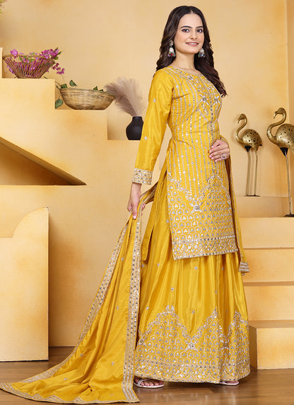 Natural Crape Yellow Festival Wear Sequin Embroidery Work Readymade Plazzo Suit 386160
