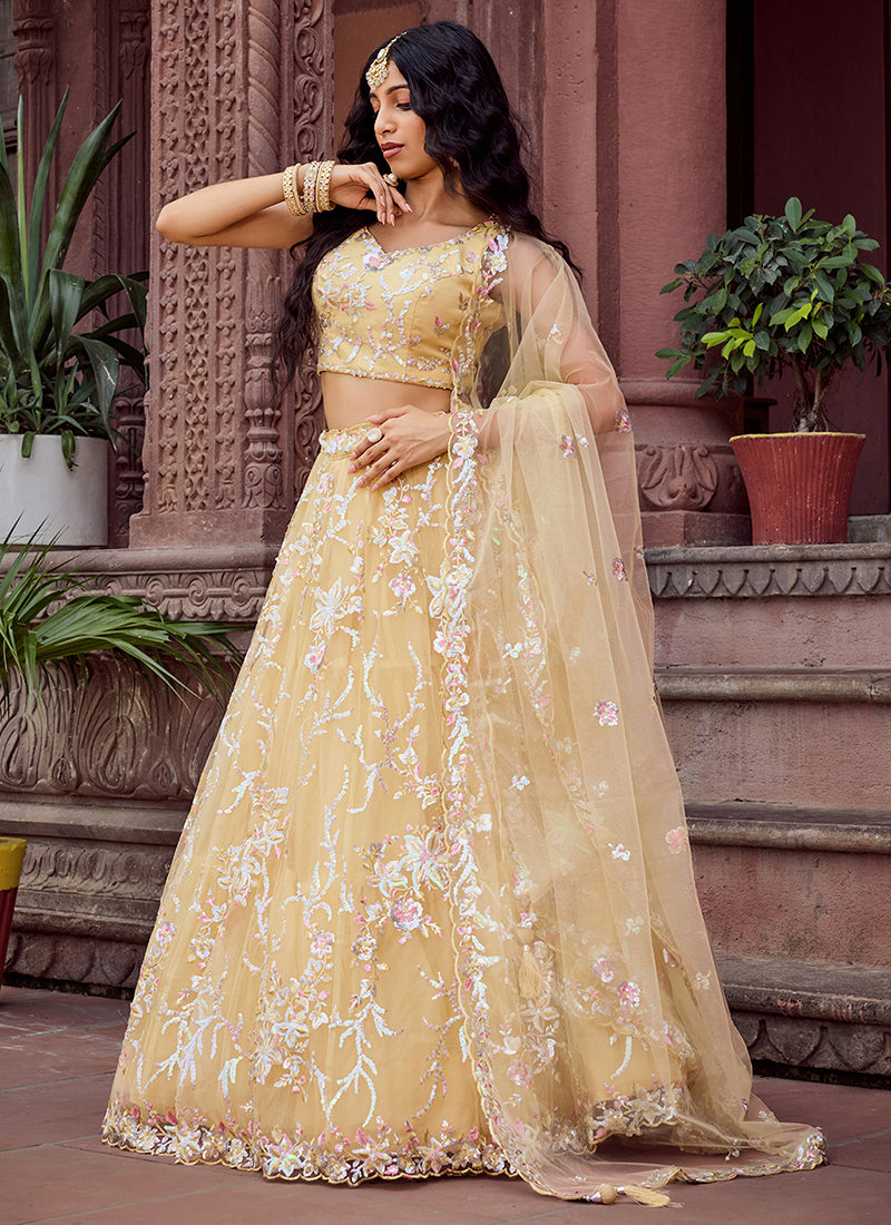 Net Yellow Designer Wear Sequins Work Lehenga Choli 387249