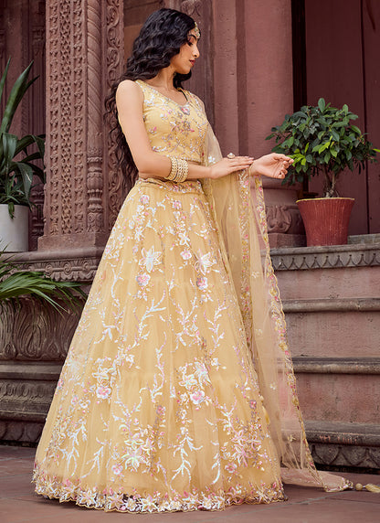Net Yellow Designer Wear Sequins Work Lehenga Choli 387249