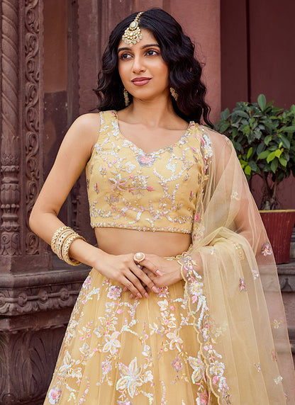 Net Yellow Designer Wear Sequins Work Lehenga Choli 387249