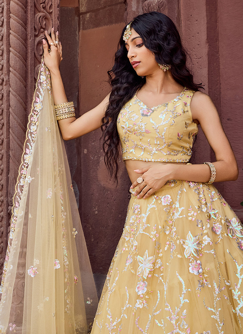 Net Yellow Designer Wear Sequins Work Lehenga Choli 387249