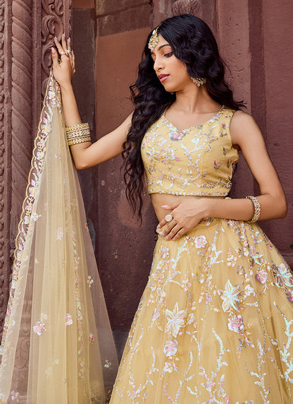Net Yellow Designer Wear Sequins Work Lehenga Choli 387249