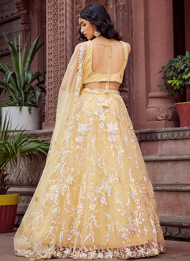 Net Yellow Designer Wear Sequins Work Lehenga Choli 387249