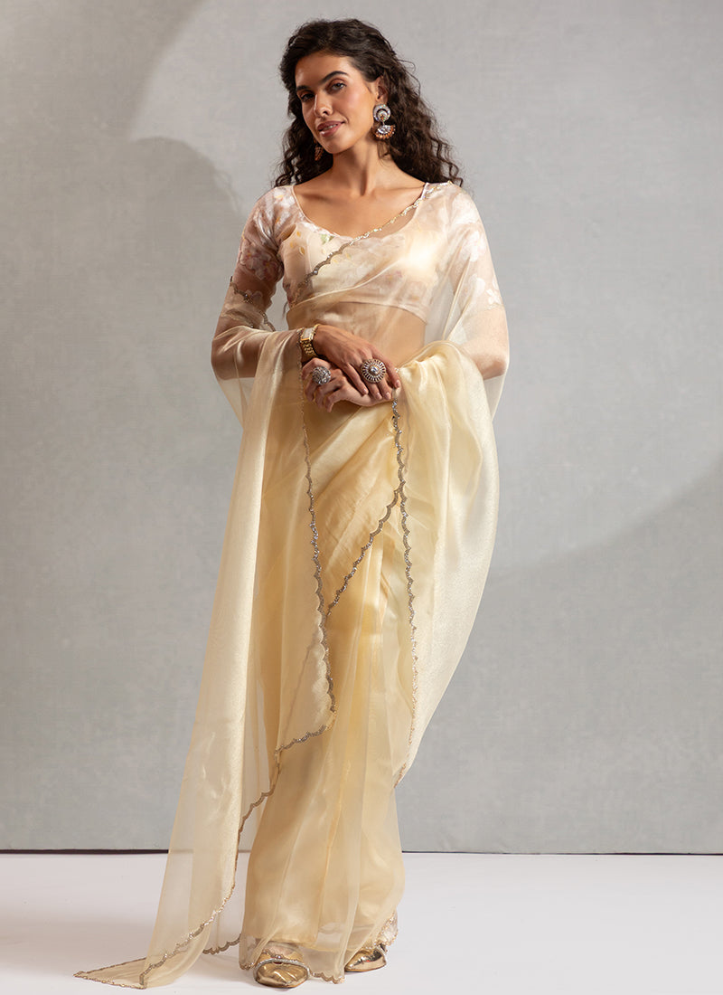 Organza Yellow Saree with Border Work for Designer Wear 380331