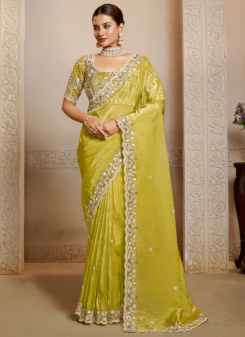 Organza Yellow Wedding Wear Embroidery Work Saree 386119