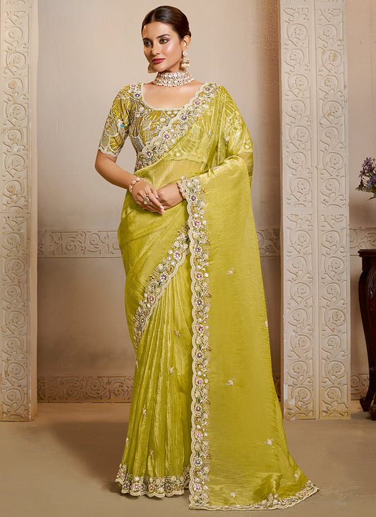 Organza Yellow Wedding Wear Embroidery Work Saree 386119