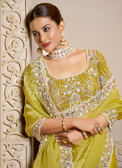 Organza Yellow Wedding Wear Embroidery Work Saree 386119