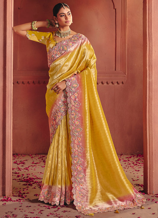 Yellow Pure Smooth Zari Silk Embroidery Work Wedding Wear Saree SW661820