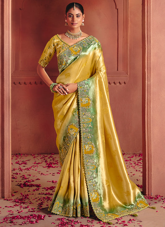 Yellow Pure Smooth Zari Silk Embroidery Work Wedding Wear Saree SW499109