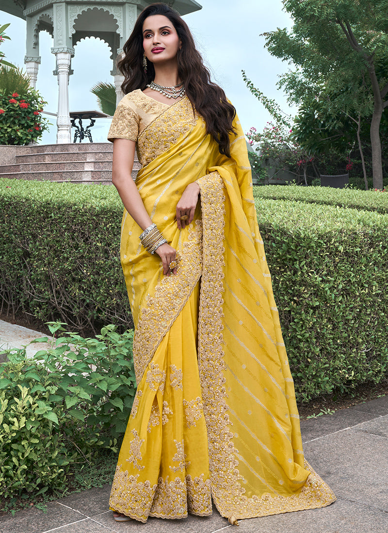 Yellow Pure Tissue Silk Embroidery Work Occasional Wear Saree SW761589