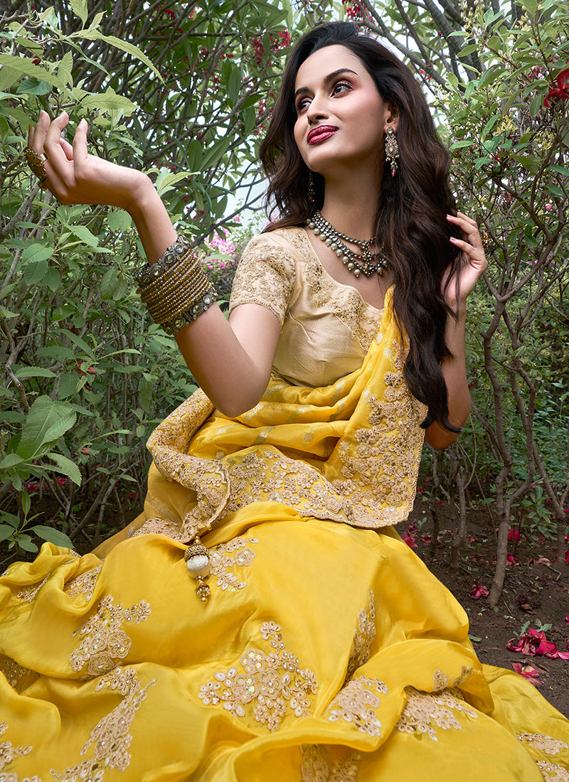 Yellow Pure Tissue Silk Embroidery Work Occasional Wear Saree SW761589