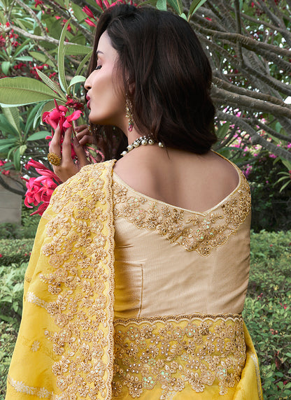Yellow Pure Tissue Silk Embroidery Work Occasional Wear Saree SW761589