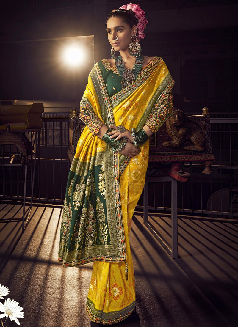 Pure Viscose Yellow Saree with Weaving Work for Bridal Wear 380841
