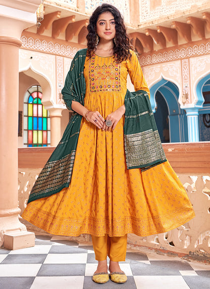 Rayon Yellow Casual Wear Sequin Work Readymade Anarkali Suit 382166