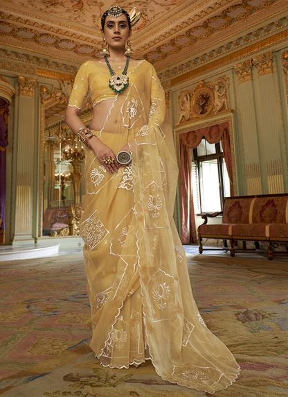 Ruby Chiffon Yellow Festival Wear Thread Embroidery Work Designer Saree 388266